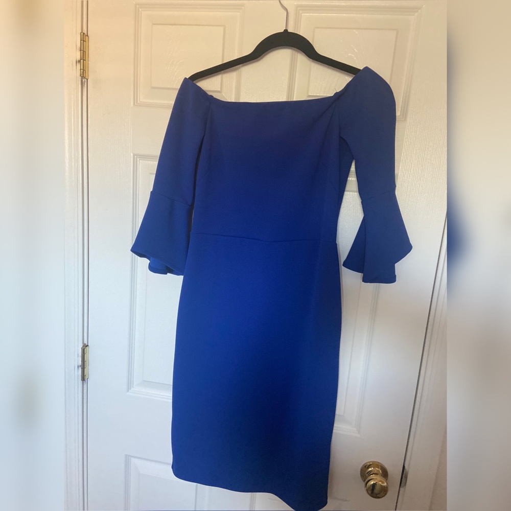 Off the shoulder blue dress with bell sleeves